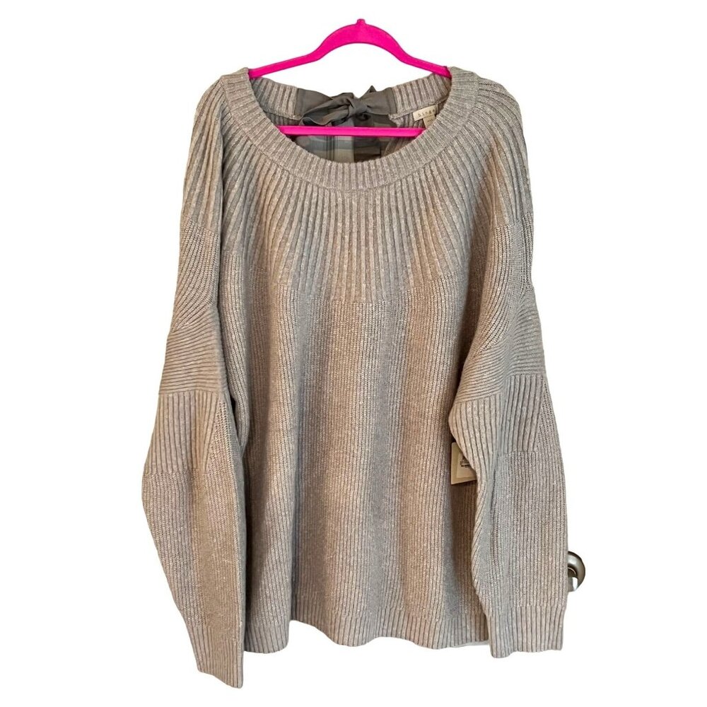 Hinge Bow Back Texture Pullover Sweater Oversized Lagenlook Gray NEW XXL NEW